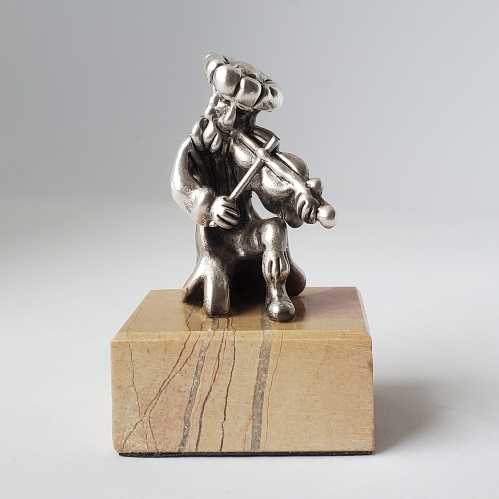 Sterling Silver 925 Ben Zion Fiddler Sculpture on Marble Base Israel 1960s Vtg
